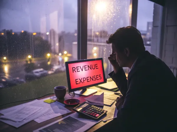 A founder at a desk at night studying a screen that reads REVENUE and EXPENSES.