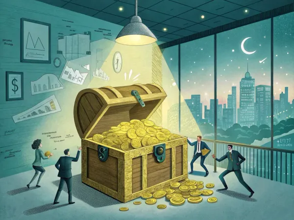 A corporate boardroom with a treasure chest overflowing with golden coins, symbolizing financial resources and retained earnings.