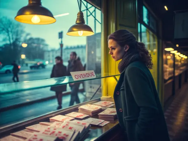 A small bakery owner standing pensively behind the counter with overdue invoices in a softly lit atmosphere.