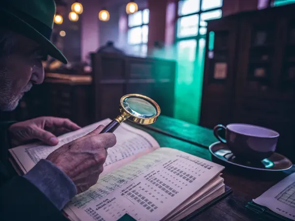 Close-up of weathered hands holding an ornate brass magnifying glass over an open ledger book, revealing glowing numbers.