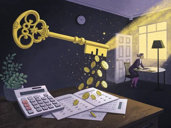 A surreal illustration of a golden key transforming into coins and calendar pages in a minimalist office.