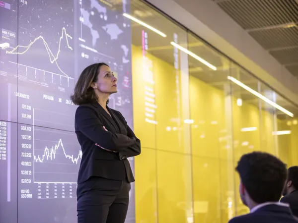 A confident female founder stands in a modern office, looking at a digital display showcasing a consolidated balance sheet.