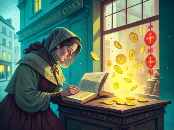 Merchant woman studying a ledger book with floating gold coins and warning symbols.