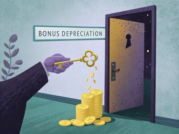 A hand holding a golden key opening a large door made of coins with a 'Bonus Depreciation' sign.