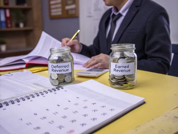 A professional engaged in accounting with jars labeled 'Deferred Revenue' and 'Earned Revenue' on a desk.