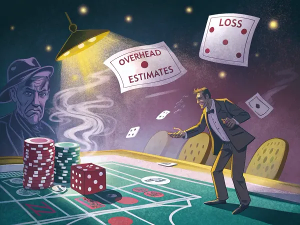 A dramatic scene of a business owner at a craps table in a dimly lit casino, throwing dice labeled 'OVERHEAD' and 'ESTIMATES' with stacks of money burning.