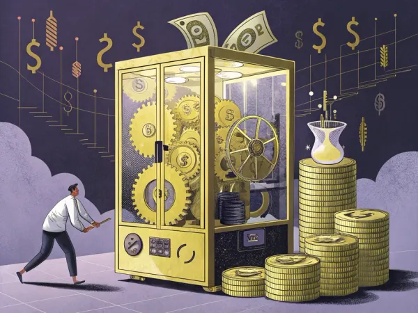 A futuristic golden machine transforming physical assets into dollar bills symbolizing asset efficiency and ROA growth.