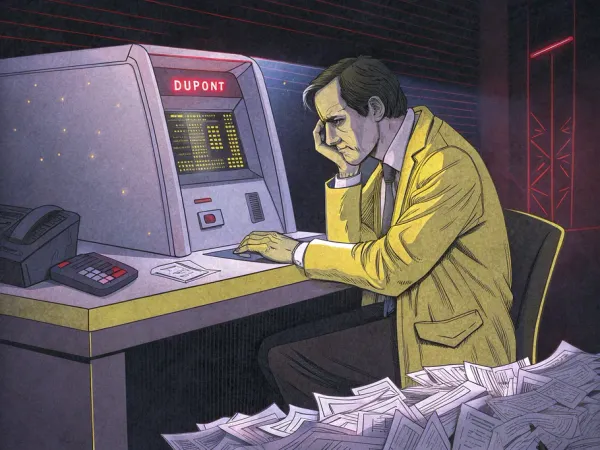 A worried financial analyst at a desk with a holographic projection of the DuPont formula, surrounded by misleading financial documents.