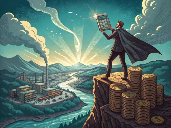 A confident business leader stands on a mountain of coins, holding a glowing calculator with projections of numbers and charts against a vibrant backdrop.