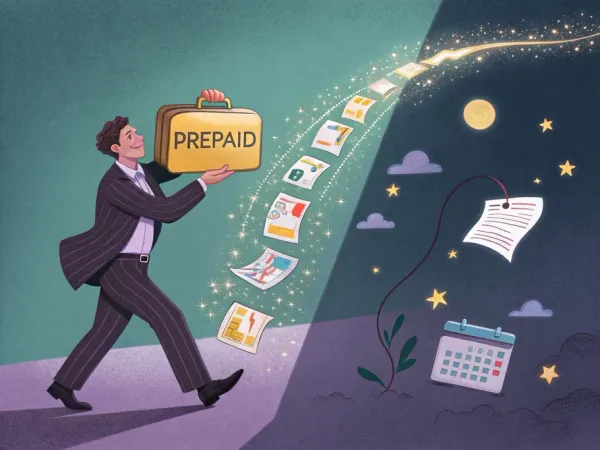 A businessman confidently carrying a glowing briefcase labeled 'PREPAID', symbolizing the transition from asset to expense.