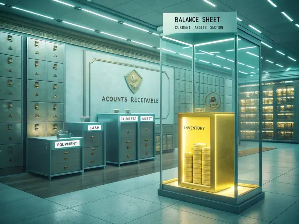 A high-tech bank vault interior showcasing various financial assets, with a glowing golden document labeled 'Accounts Receivable'.