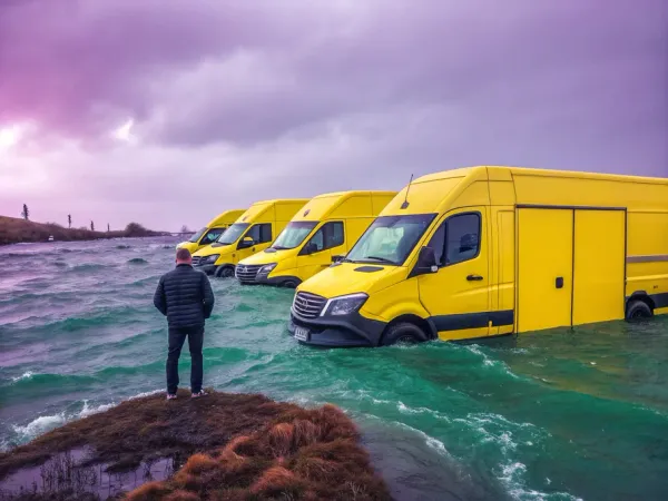 A distraught entrepreneur stands on dry land as yellow delivery vehicles are partially submerged in turbulent water, symbolizing negative equity.