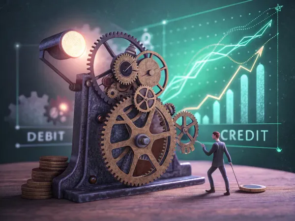 A complex clockwork mechanism with labeled gears 'DEBIT' and 'CREDIT' symbolizing the process of accounting journal entries.