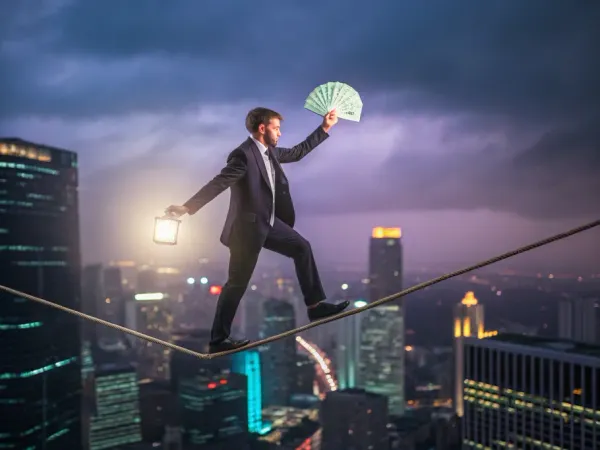 A corporate executive balancing on a tightrope with cash and stock certificates in hand over a city skyline.